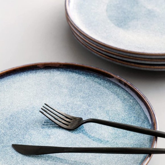 8.25" CERAMIC DESSERT/ SALAD PLATES - Set of 4 (Blue w/ Brown Rim) - Picture 6 of 9